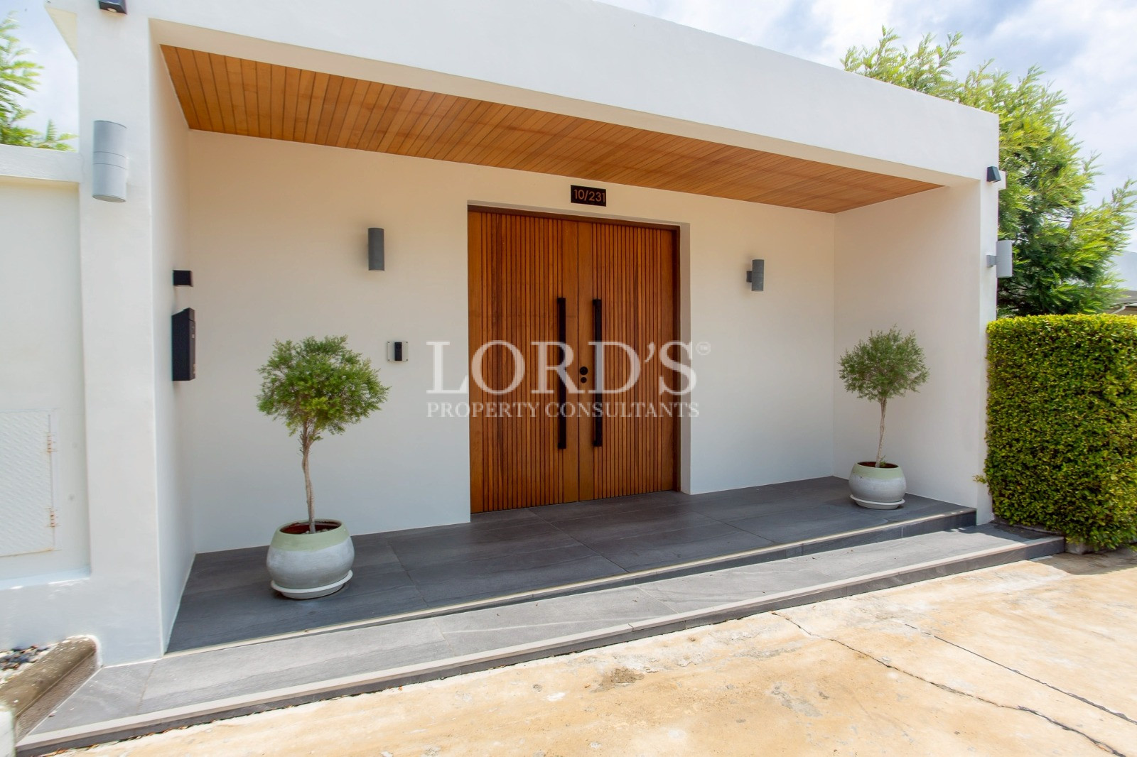 Modern villa entrance with wooden double doors