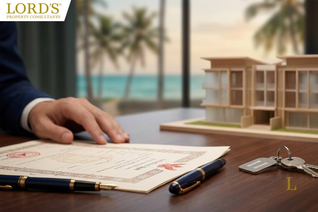 Professional real estate closing in Thailand showing a legal ownership contract, house keys, and a luxury condominium model with a tropical beach background.