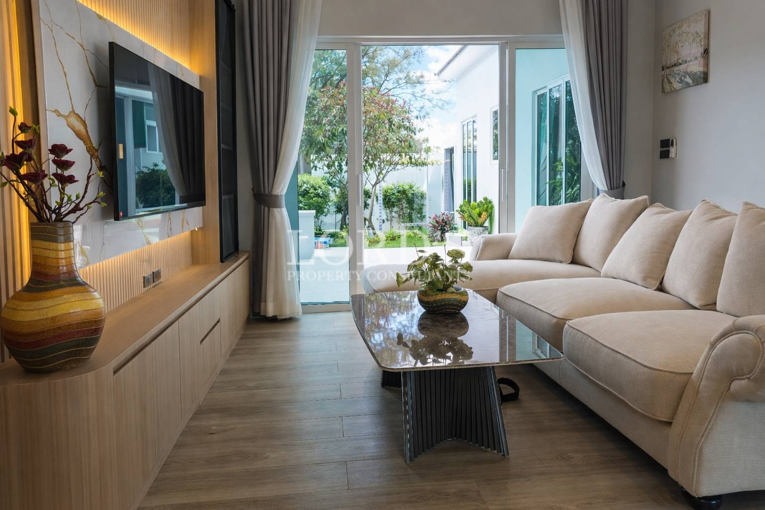 Living room overlooking pool area