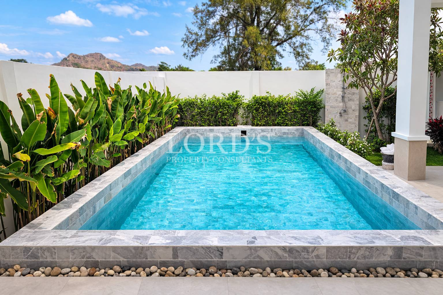 Private swimming pool with tropical landscaping
