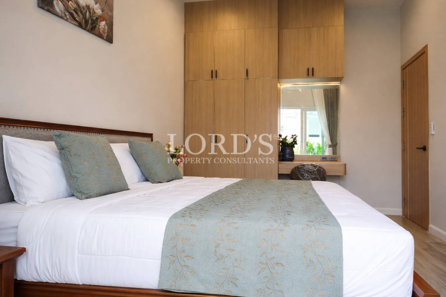 Bedroom with wooden accent wall