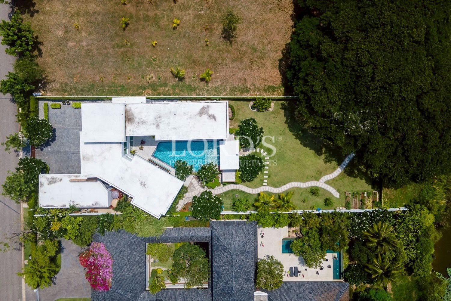 Top-down aerial view of villa property
