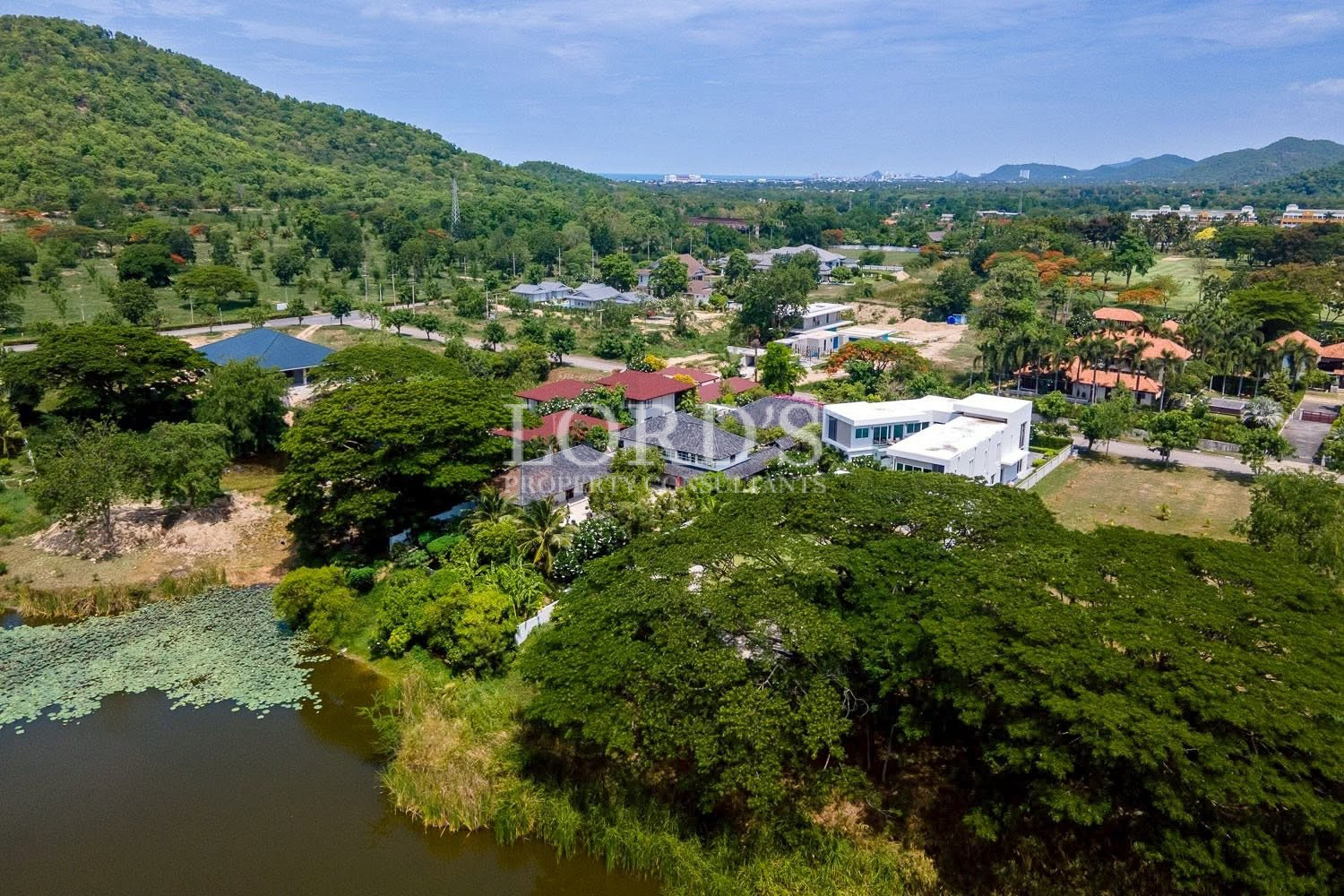 Elevated view of luxury villas and greenery