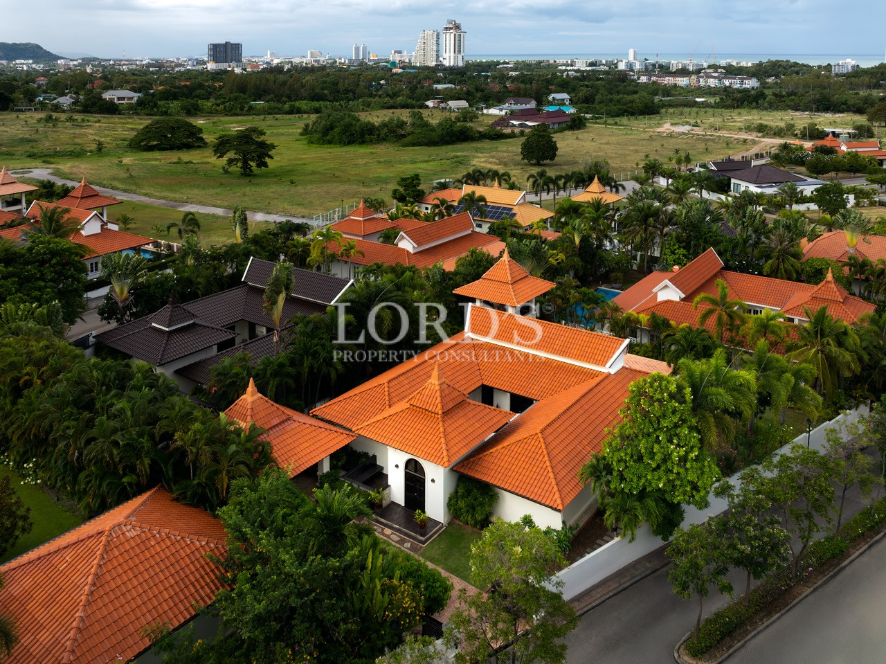 Elevated view of residential villa estate