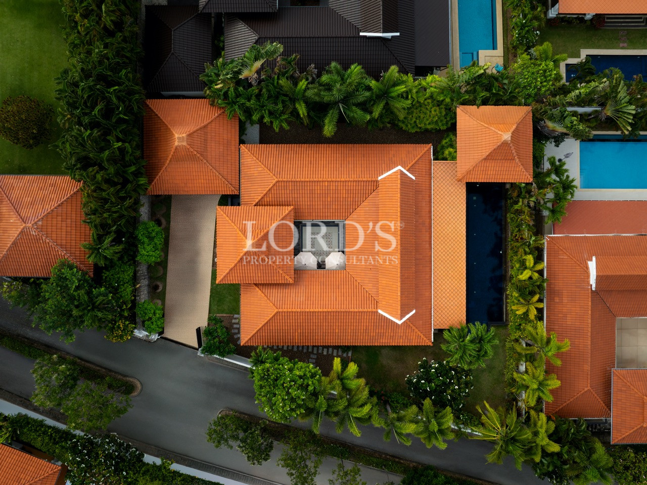 Top-down aerial view of villa estate