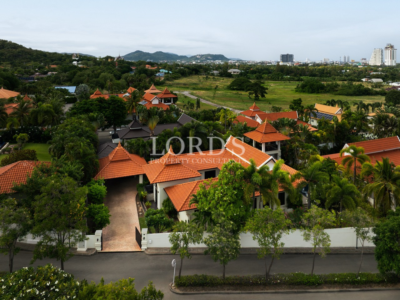 Aerial view of tropical villa community