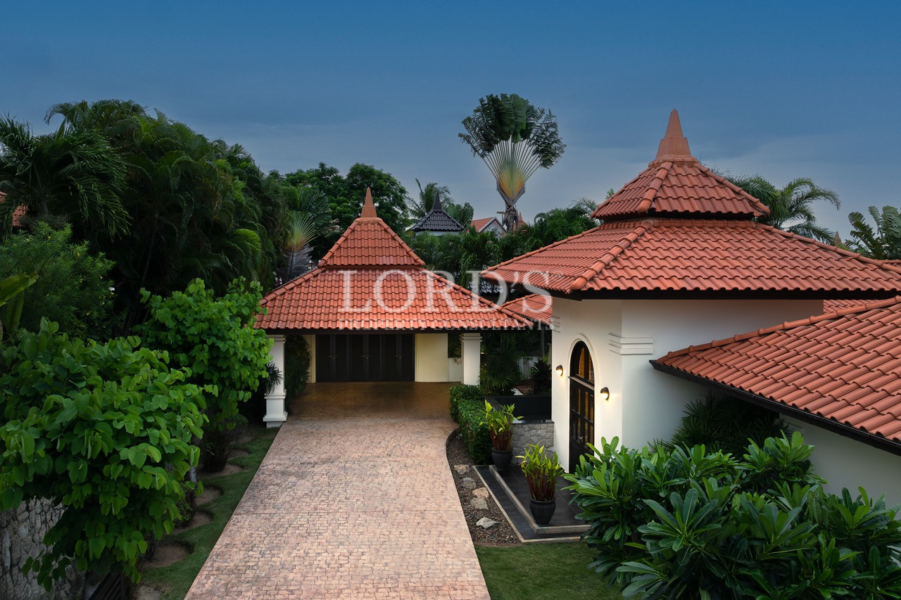 Villa entrance with traditional roof design