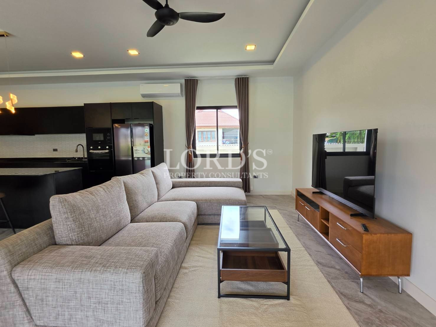Bright living room with large windows