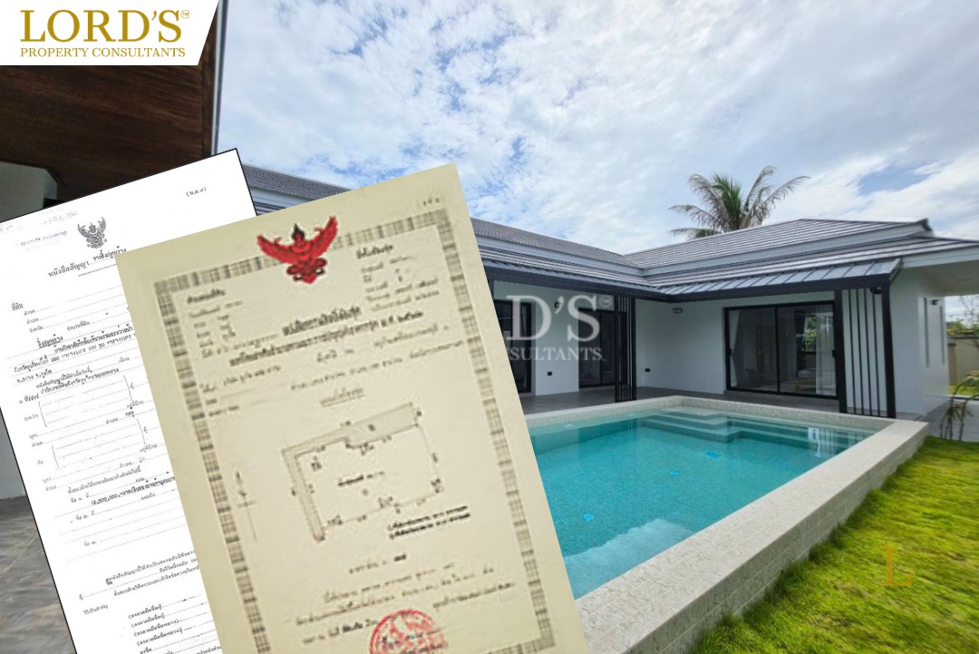 Thai property sale and purchase agreement and Chanote title deed overlaid on a modern Hua Hin pool villa exterior, Lord's Property Consultants