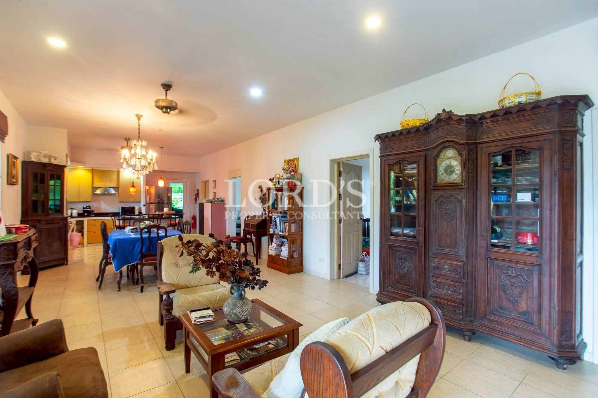 Traditional-style dining and living area