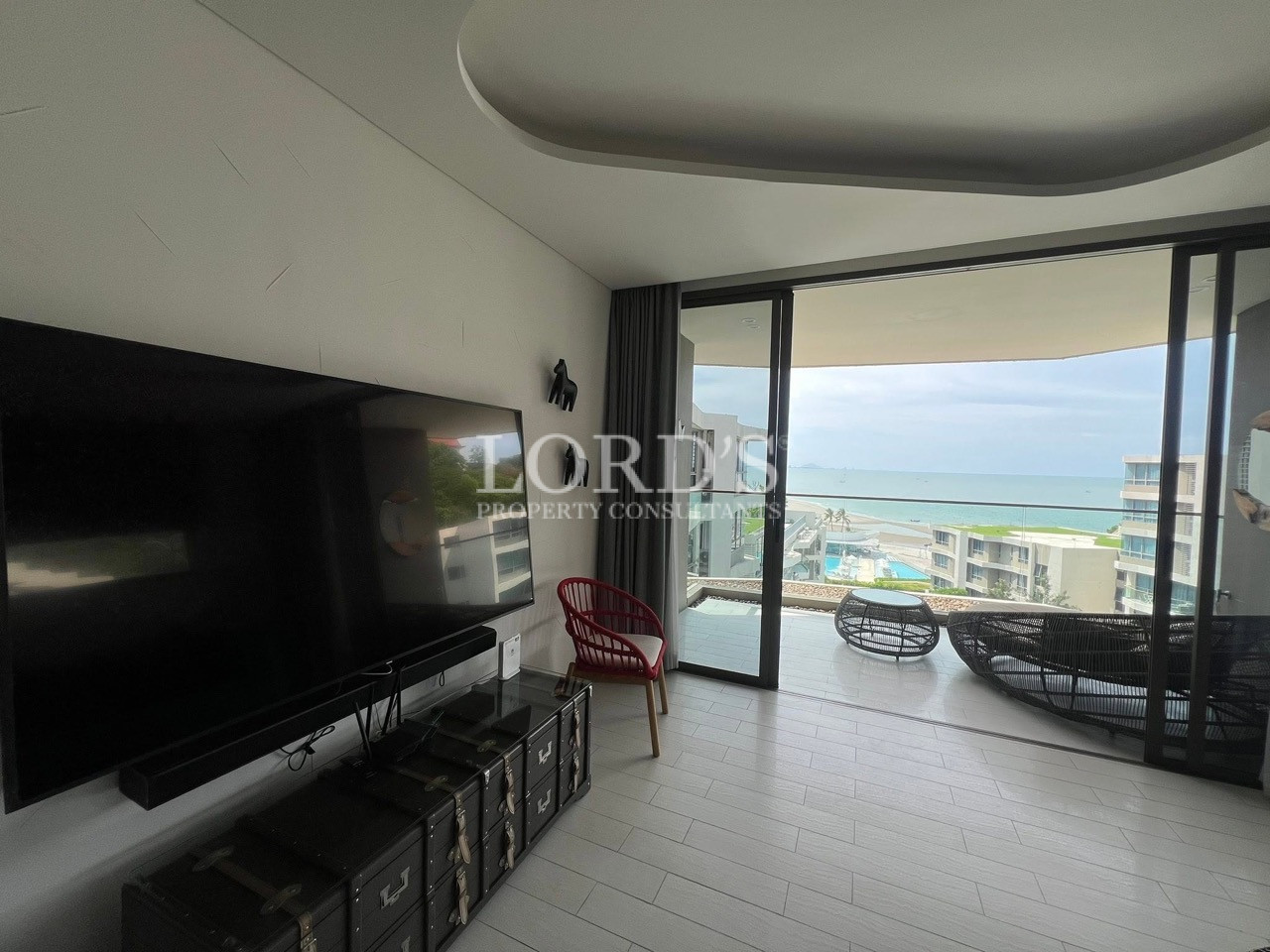 Modern living room with sea views