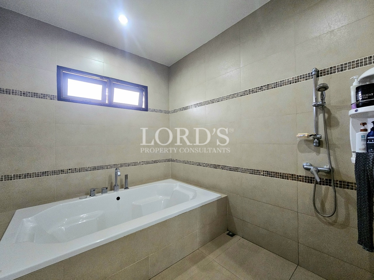 Modern bathroom with built-in bathtub, walk-in shower, and natural light