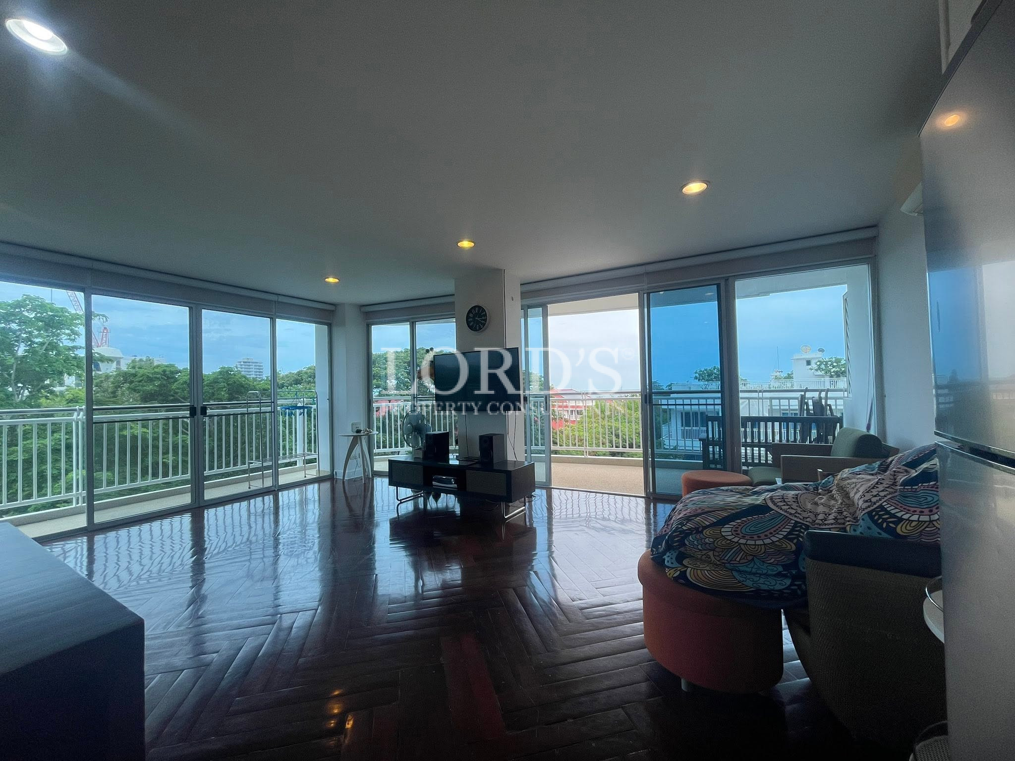 Balcony overlooking city skyline