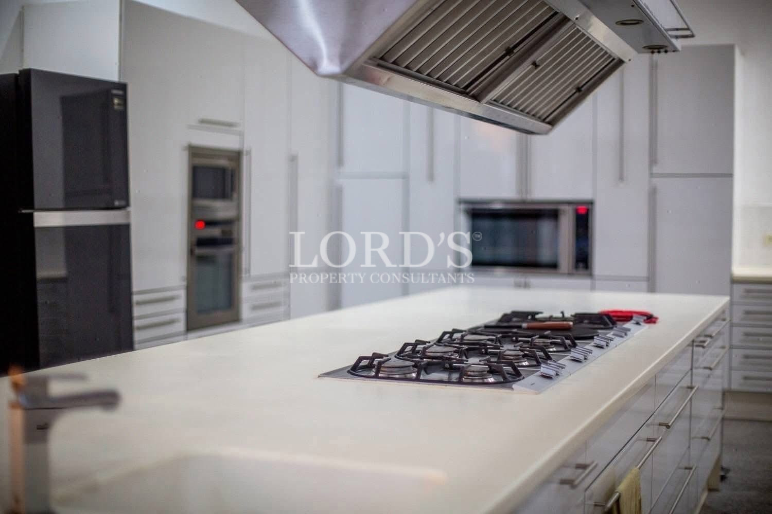 Modern kitchen with white cabinetry and stainless steel range hood