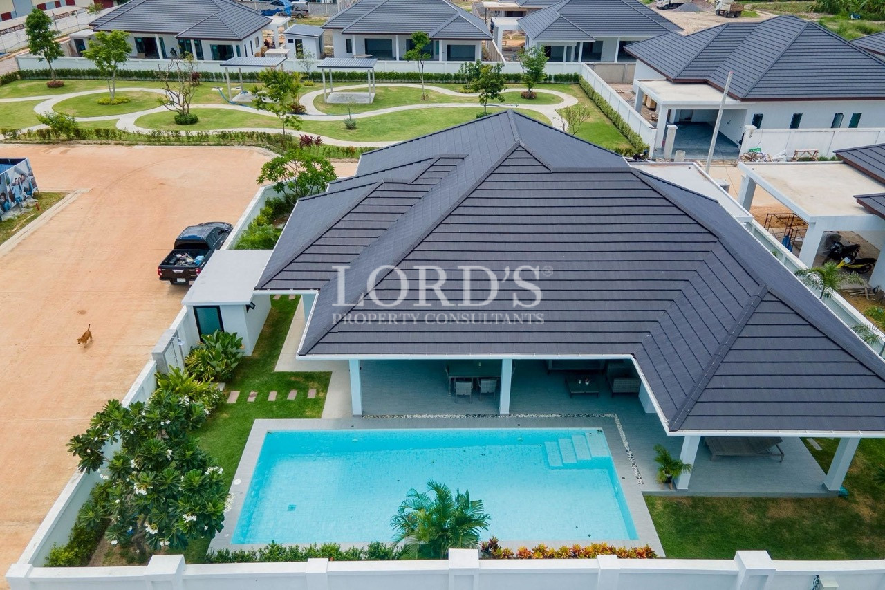 Top-down view of modern villa roof