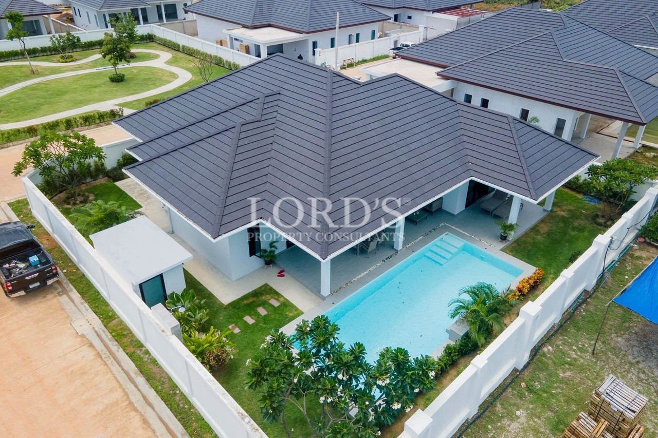 Drone view of contemporary villa