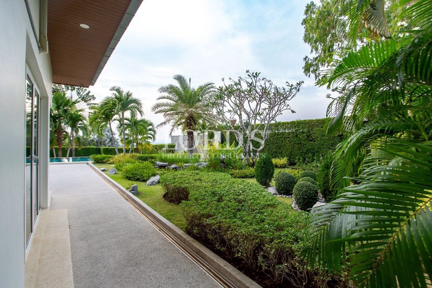 Landscaped garden with manicured lawn