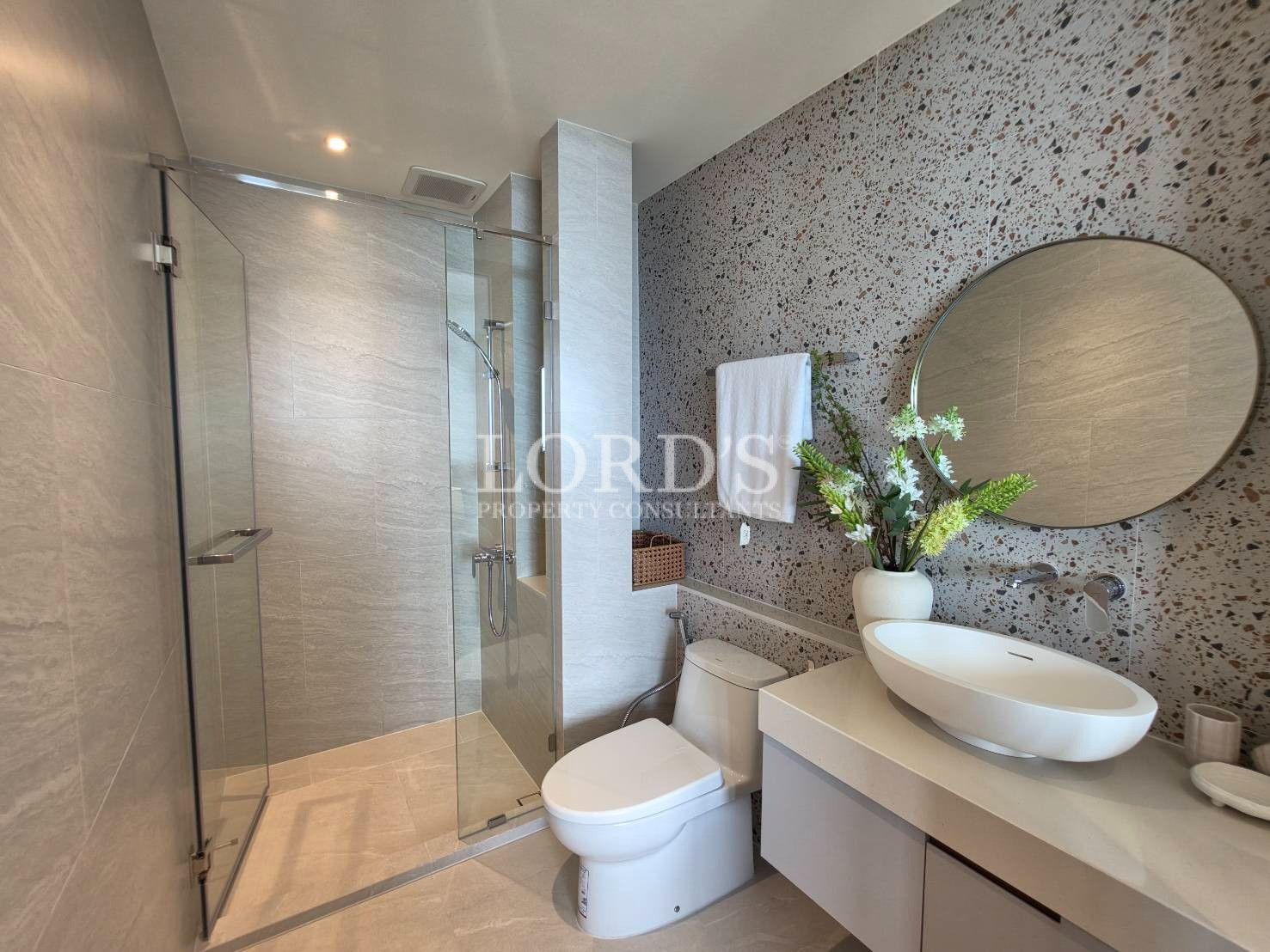 Bright luxury bathroom with walk-in shower and modern vanity