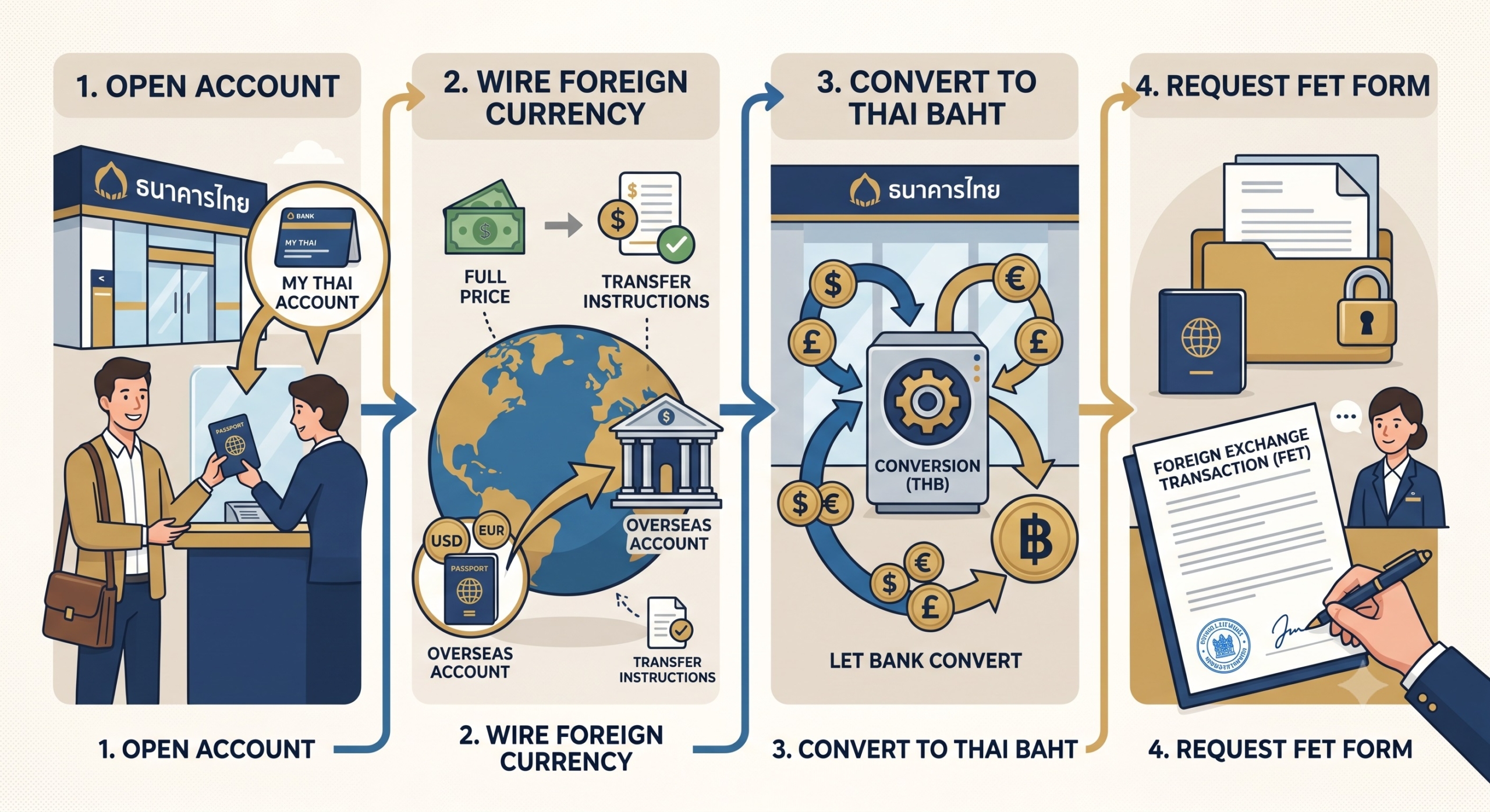 A clean, 4-step infographic detailing the money transfer process for buying a Thai condo. Step 1 shows a buyer opening an account at a Thai bank. Step 2 illustrates a global wire transfer of foreign currency (USD, EUR, GBP) from an overseas account. Step 3 depicts the currency conversion mechanism inside the Thai bank changing funds into Thai Baht (฿). Step 4 shows the final step of requesting and signing the official Foreign Exchange Transaction (FET) form at the bank counter.