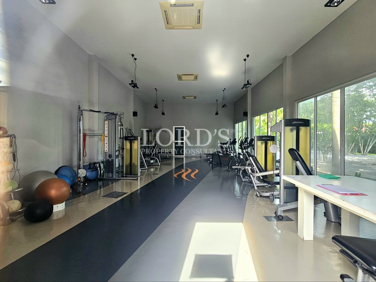 Modern fitness center with cardio machines, strength training equipment, free weights, and floor-to-ceiling windows