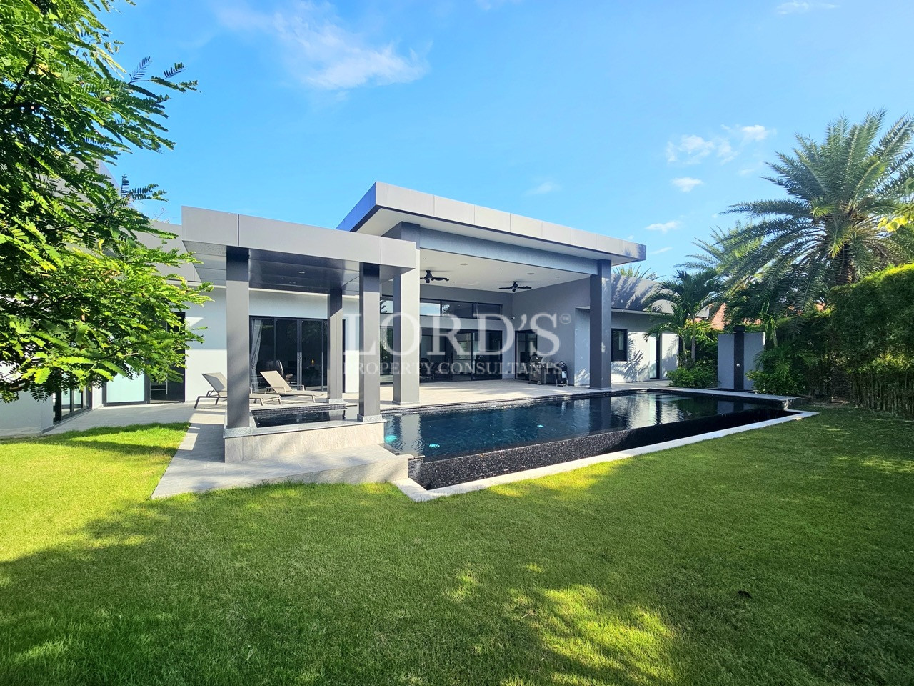 Luxury modern villa with private infinity-style swimming pool, covered patio, landscaped lawn, and contemporary architecture