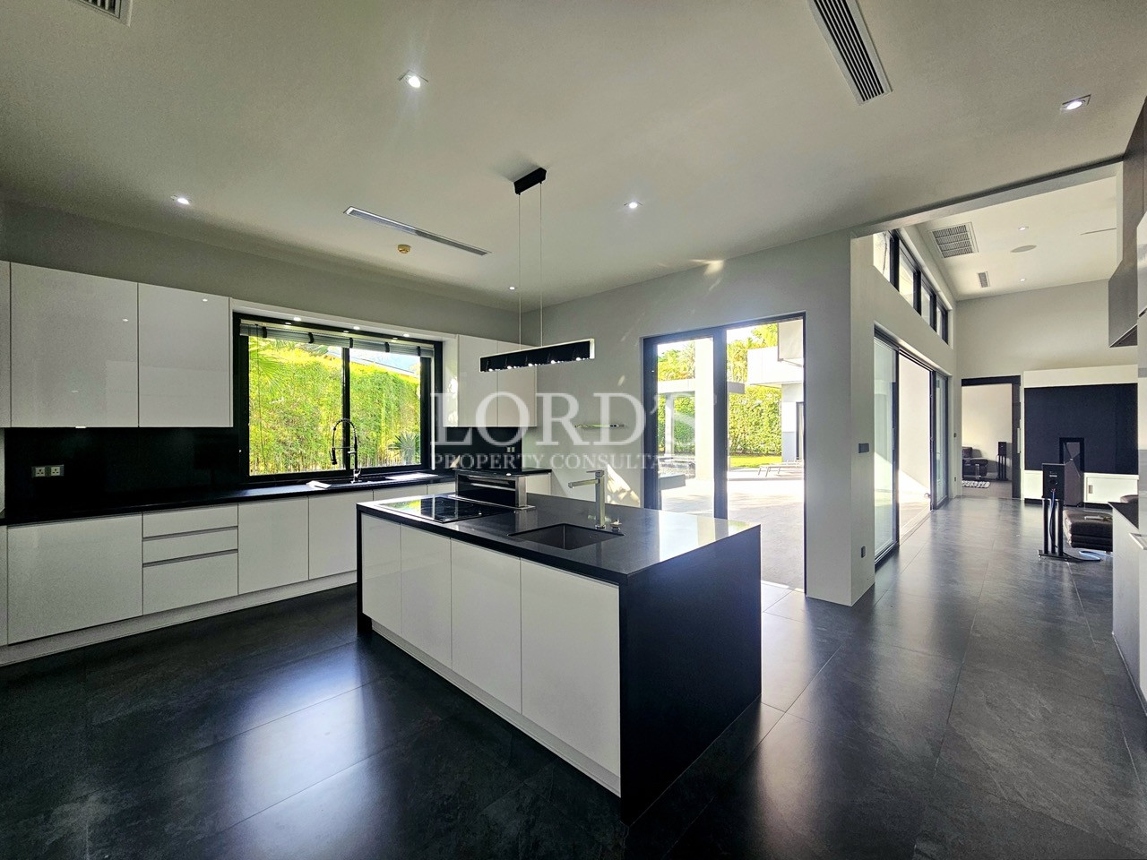 Luxury open-plan kitchen with black stone island, induction cooktop, and garden views