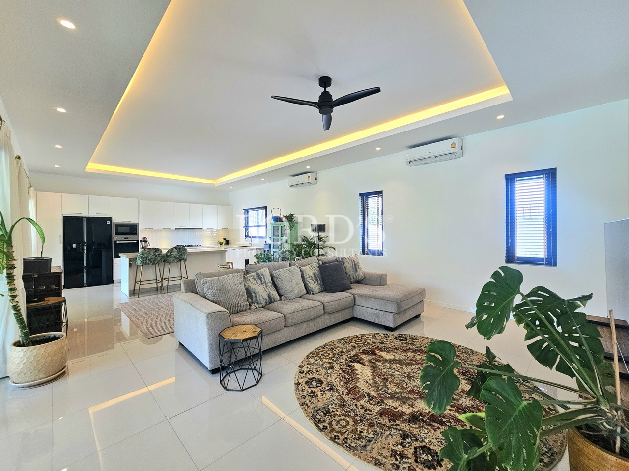 Modern open-plan living room with sectional sofa, kitchen, and indoor plants
