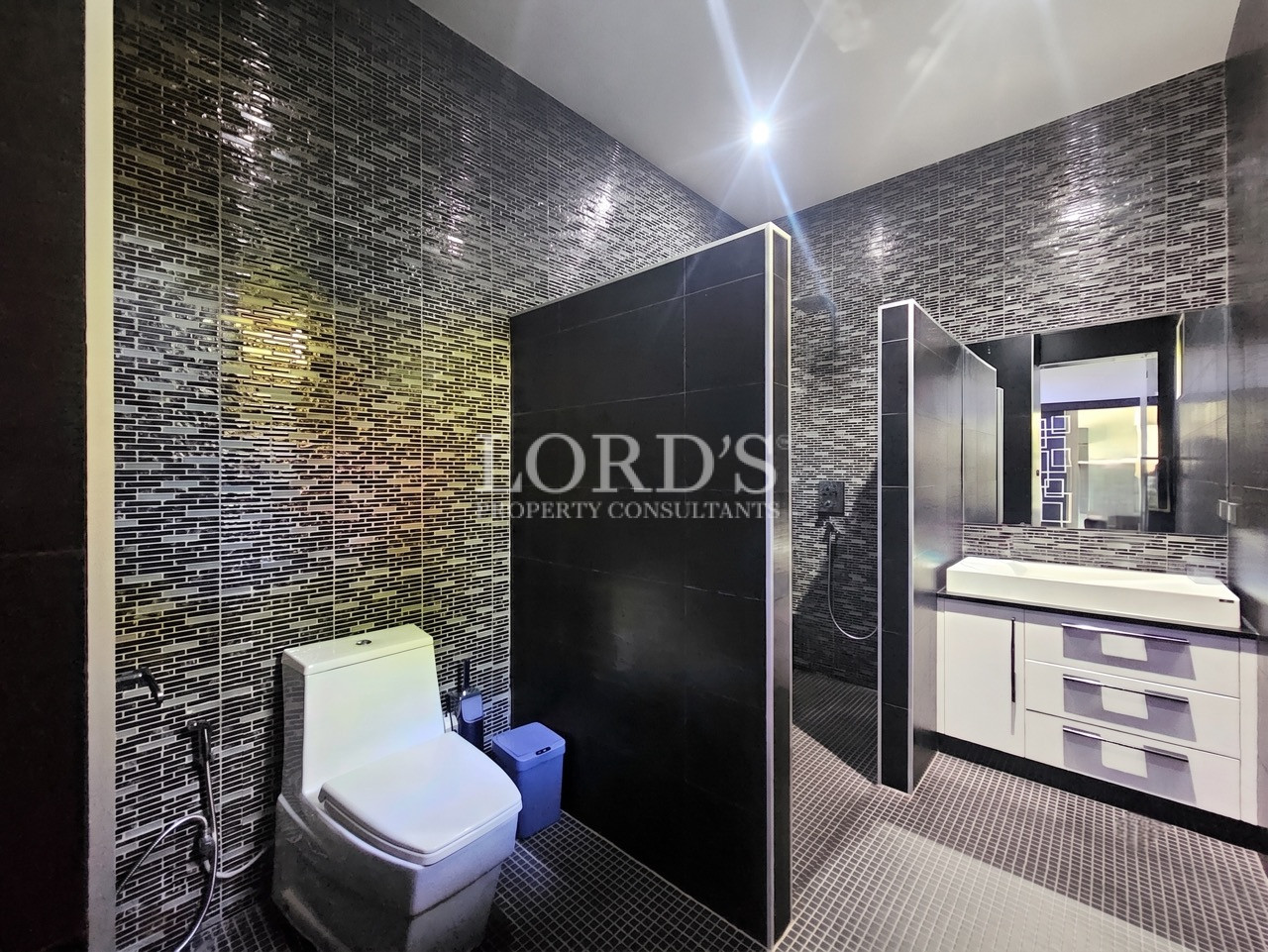Luxury bathroom with walk-in shower and mosaic tiles