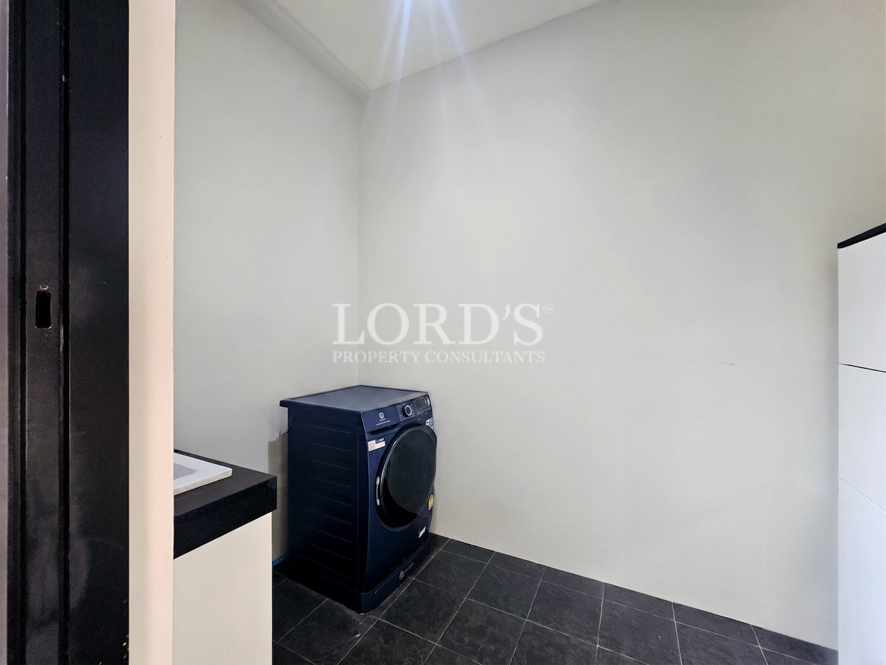 Modern laundry room with washer and storage