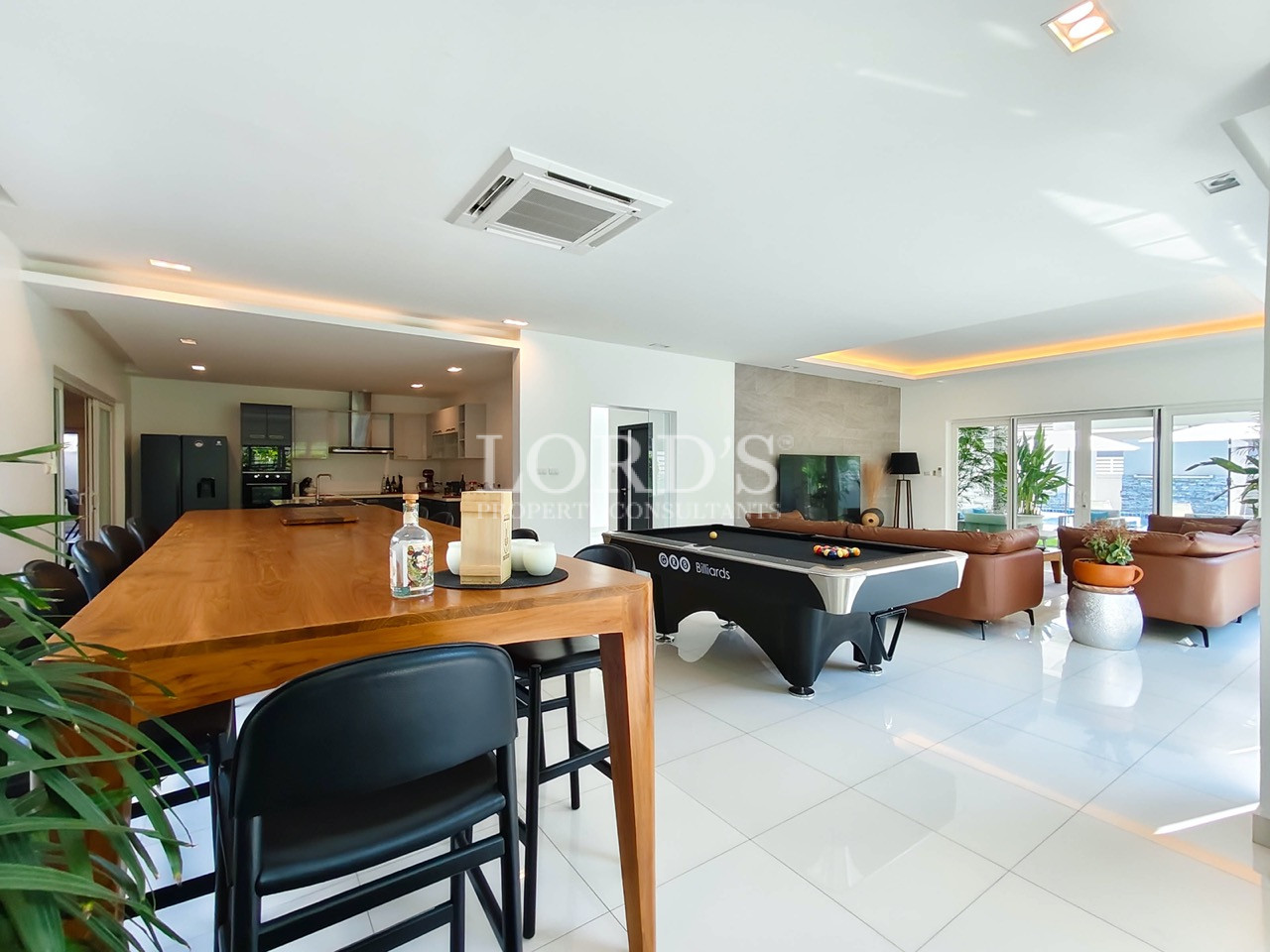 Open-plan living room with modern kitchen and elegant interior