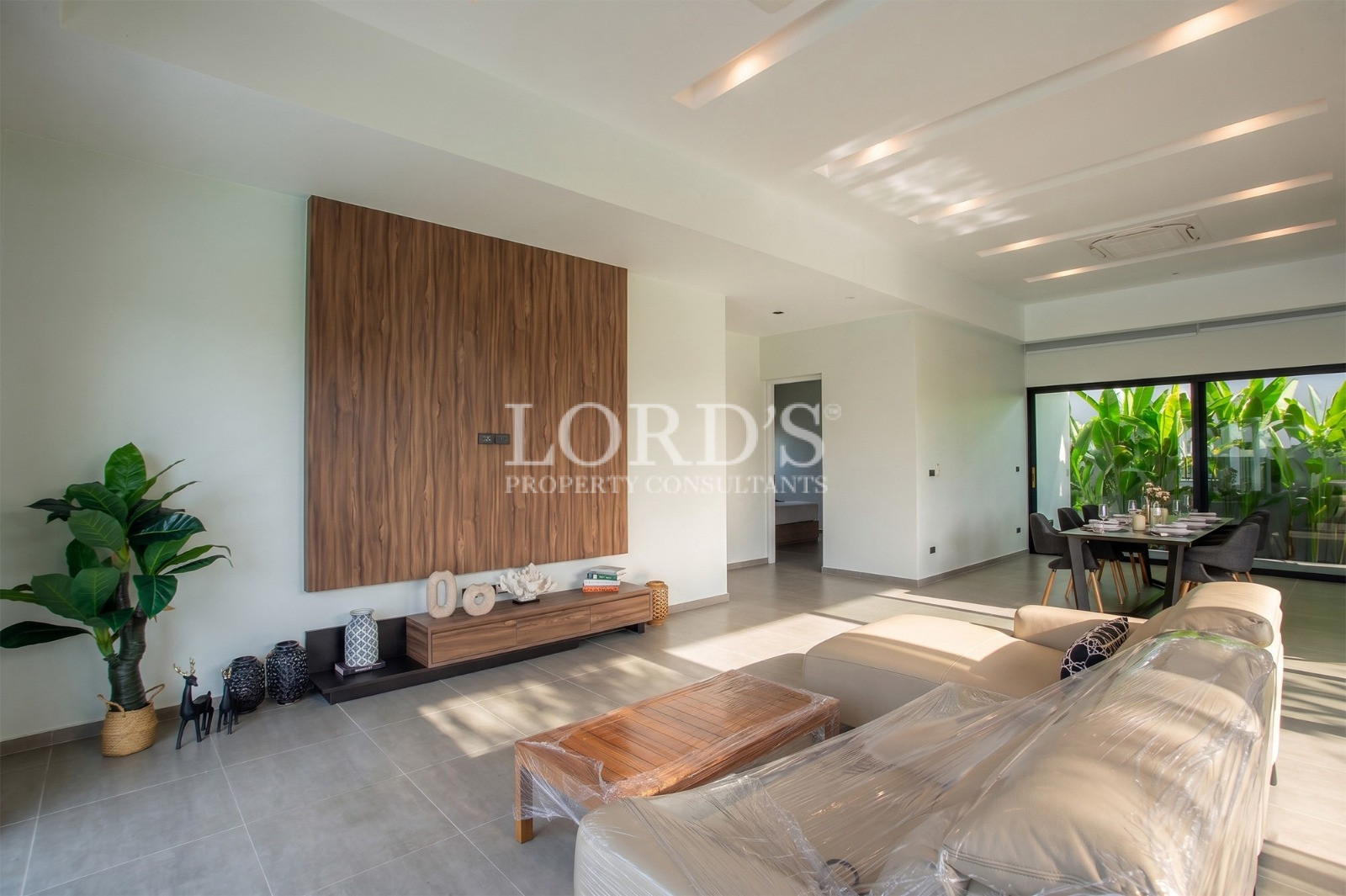 Modern living room with wood feature wall and dining area
