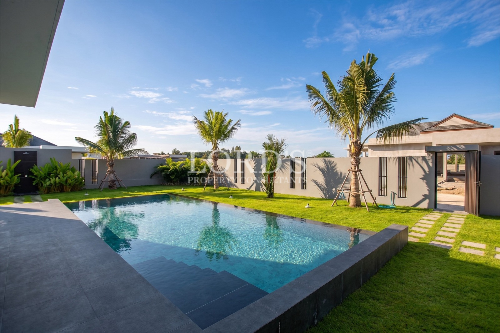Private villa swimming pool with landscaped lawn, palm trees, and modern outdoor area