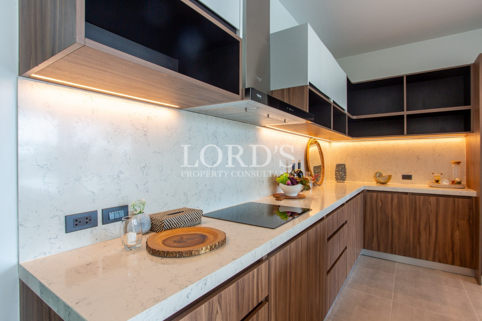 Modern luxury kitchen with wood cabinetry and quartz countertops