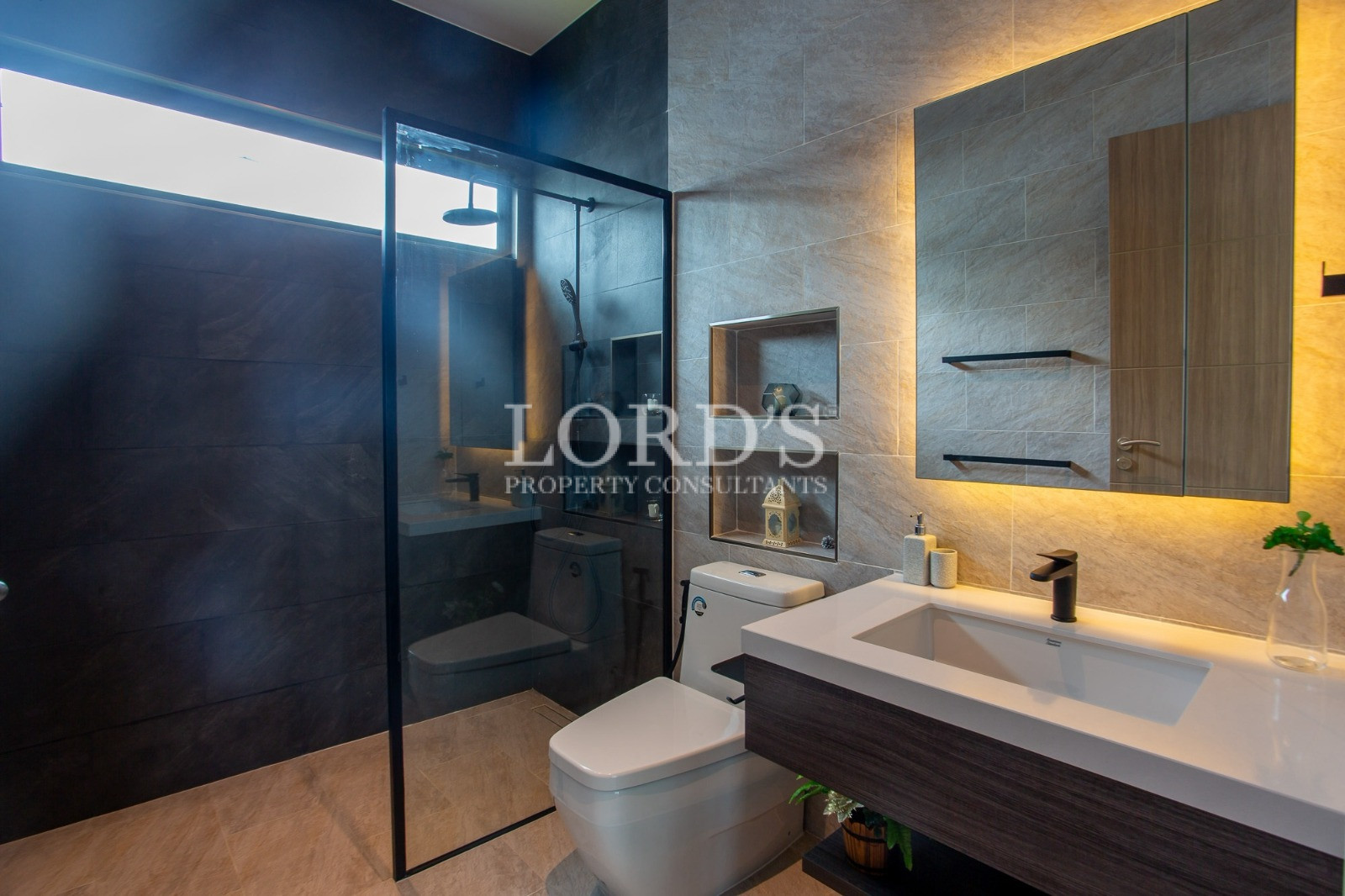 Modern luxury bathroom with glass-enclosed shower and illuminated vanity
