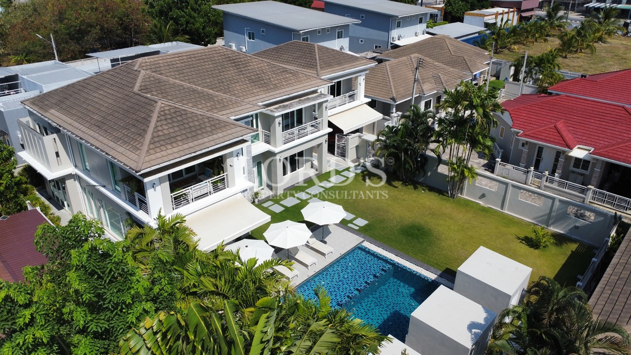 Drone view of modern tropical residence