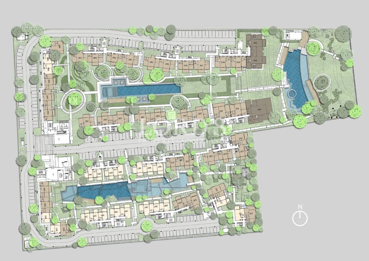 Residential community master site plan showing apartment buildings, landscaped gardens, swimming pools, walkways, parking areas, and outdoor amenities