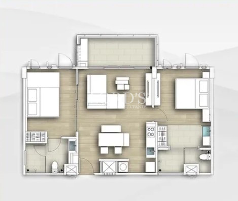 Two-bedroom apartment floor plan with open living area, kitchen, dining space, two bathrooms, and private balcony